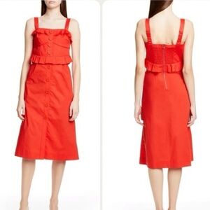 Sea New York Red Cotton Ruffle Button Front Midi Dress Size 2